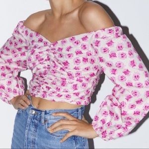 ZARA Pink Floral Long Sleeve Ruched Crop Top